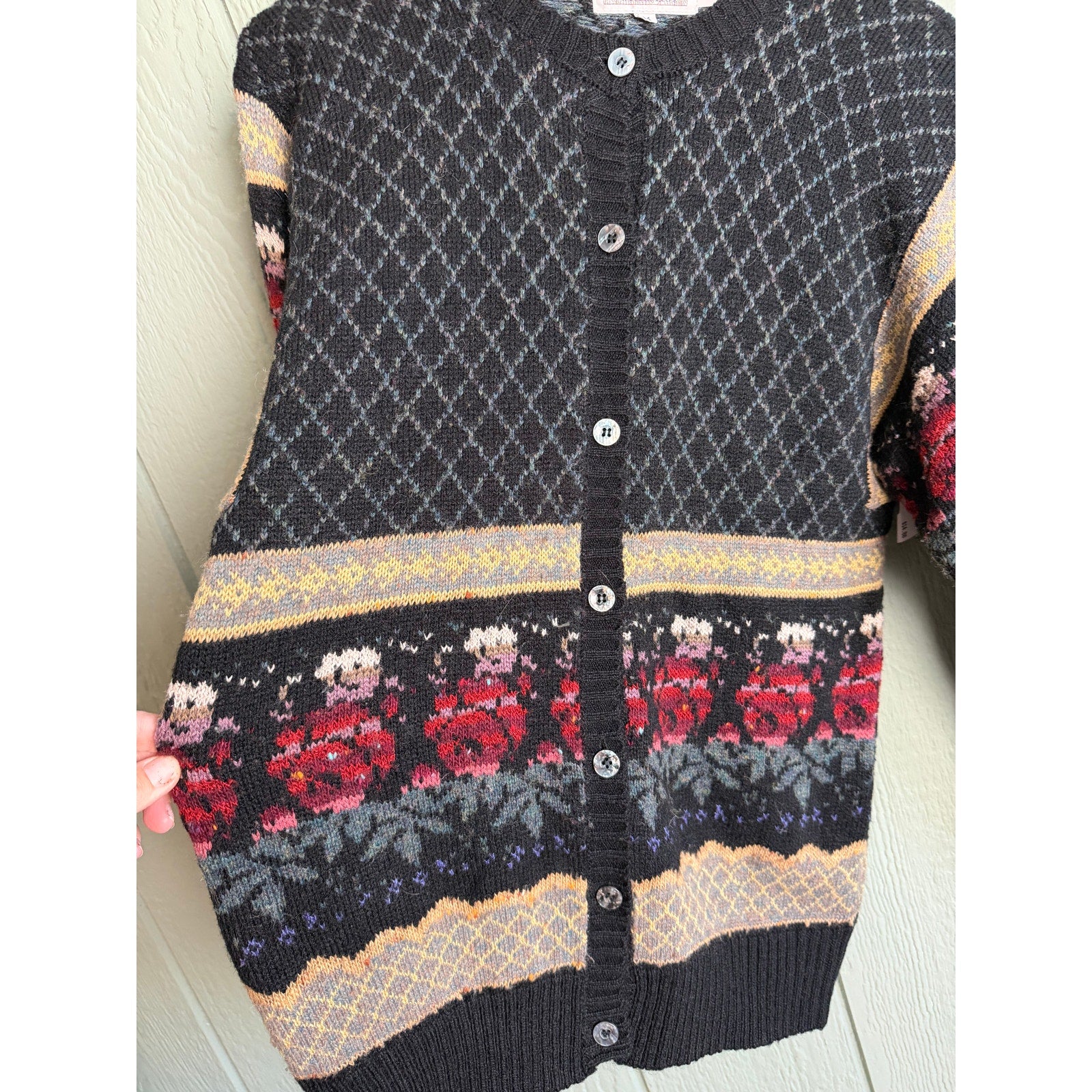 Vintage 90s Cottagecore Floral Argyle Button-Up Cardigan, Medium