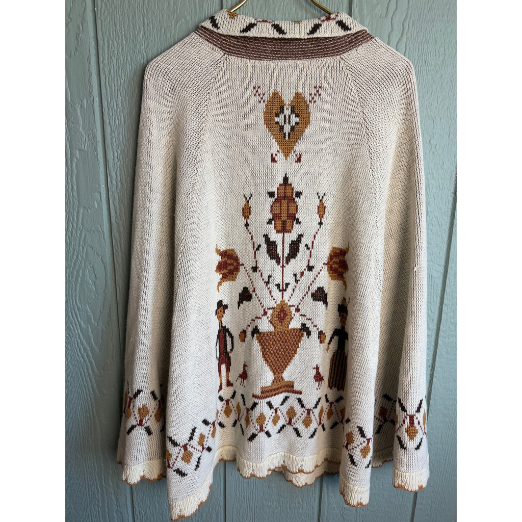 Vintage 90s Griffing Folk Art Cardigan Sweater Cape Cream Beige Button Front