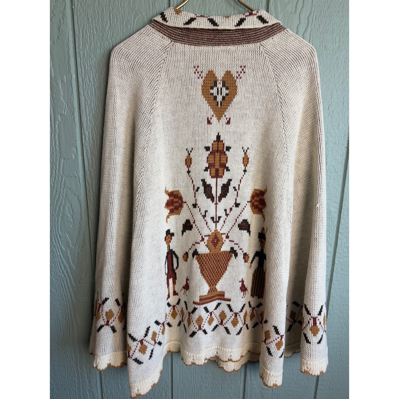 Vintage 90s Griffing Folk Art Cardigan Sweater Cape Cream Beige Button Front