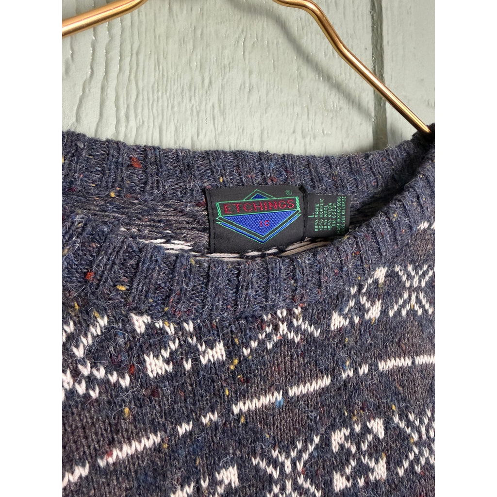 Vintage Etchings Fair Isle Sweater Gray Nordic Knit Wool Blend Crewneck LG