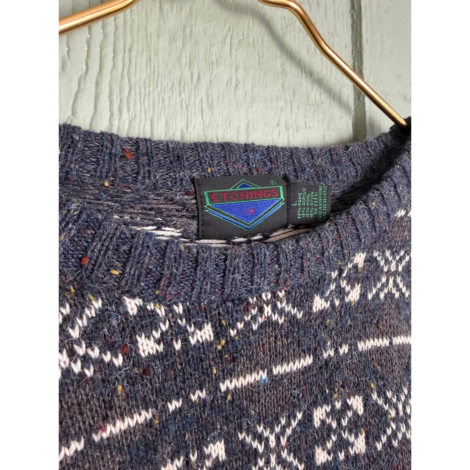 Vintage Etchings Fair Isle Sweater Gray Nordic Knit Wool Blend Crewneck LG