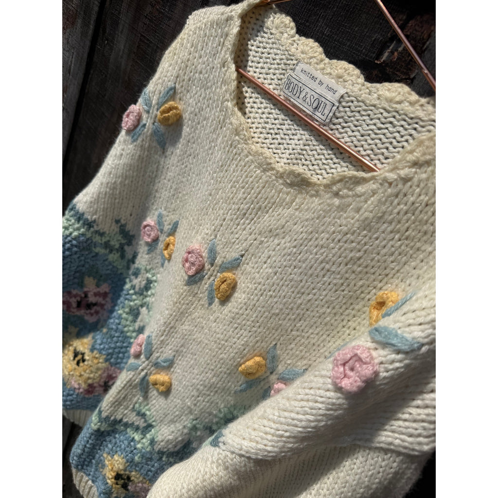Vintage Hand Knit Floral Embroidered Sweater