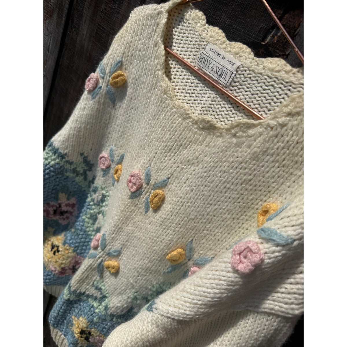 Vintage Hand Knit Floral Embroidered Sweater