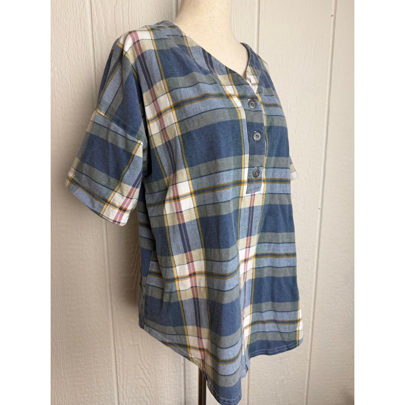 Vintage Honors Plaid Henley Shirt Women’s Oversized Blue Cottagecore Grunge Top
