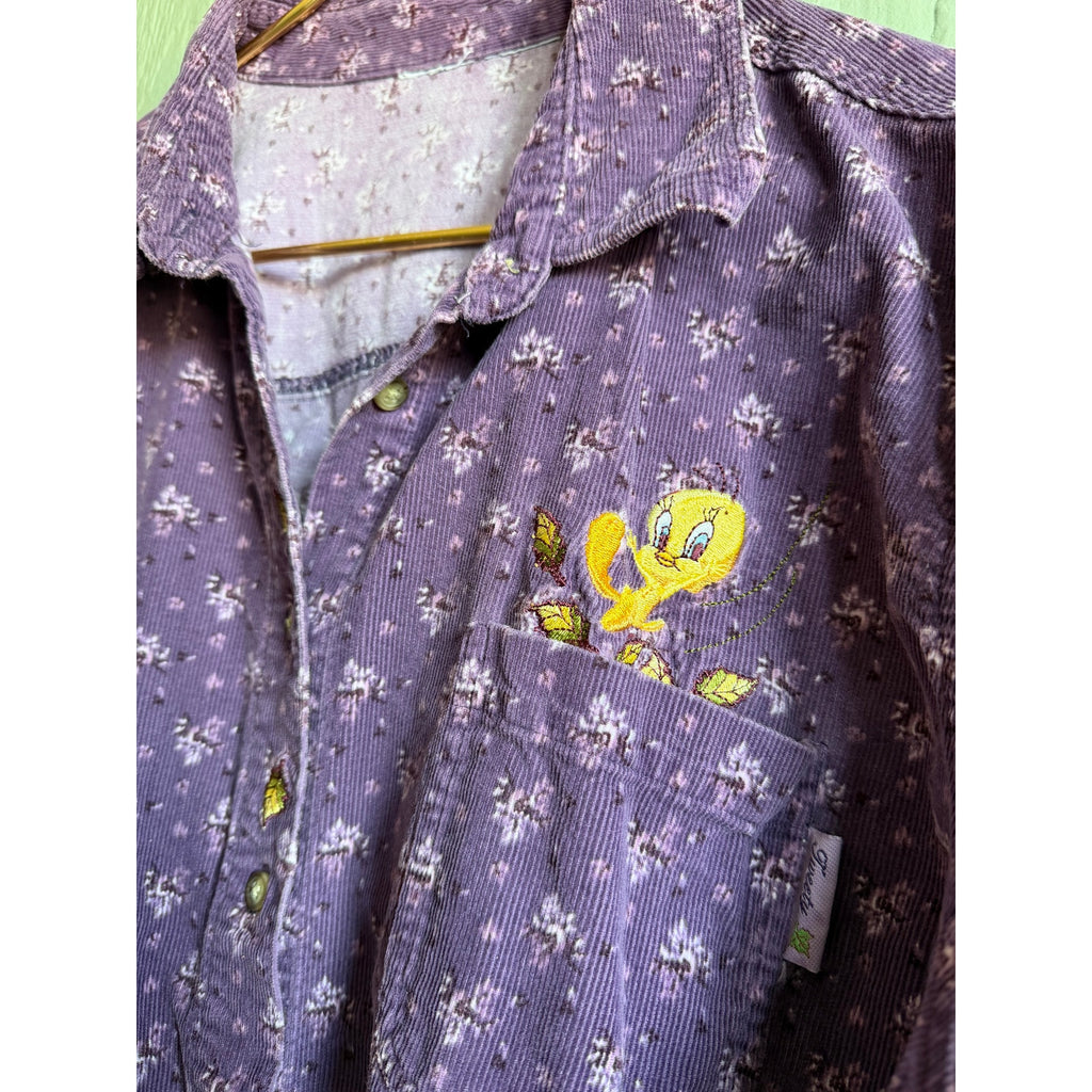Vintage Tweety Bird Purple Corduroy Button Down Shirt Floral Looney Tunes 90s