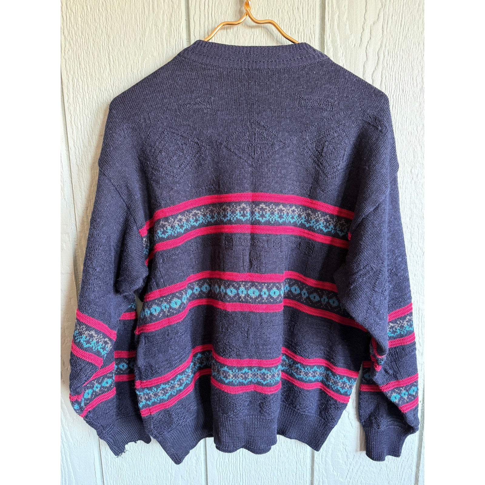 Vintage 90s Canda Knit Sweater Navy Red Teal Striped Textured Crewneck MD