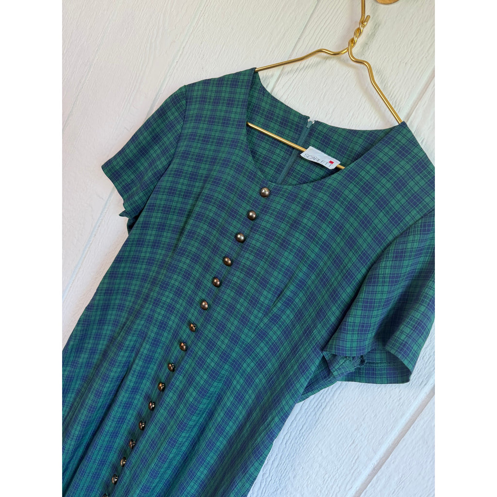 Vintage 90s Scarlett Green Tartan Plaid Midi Maxi Dress Button Front Grunge
