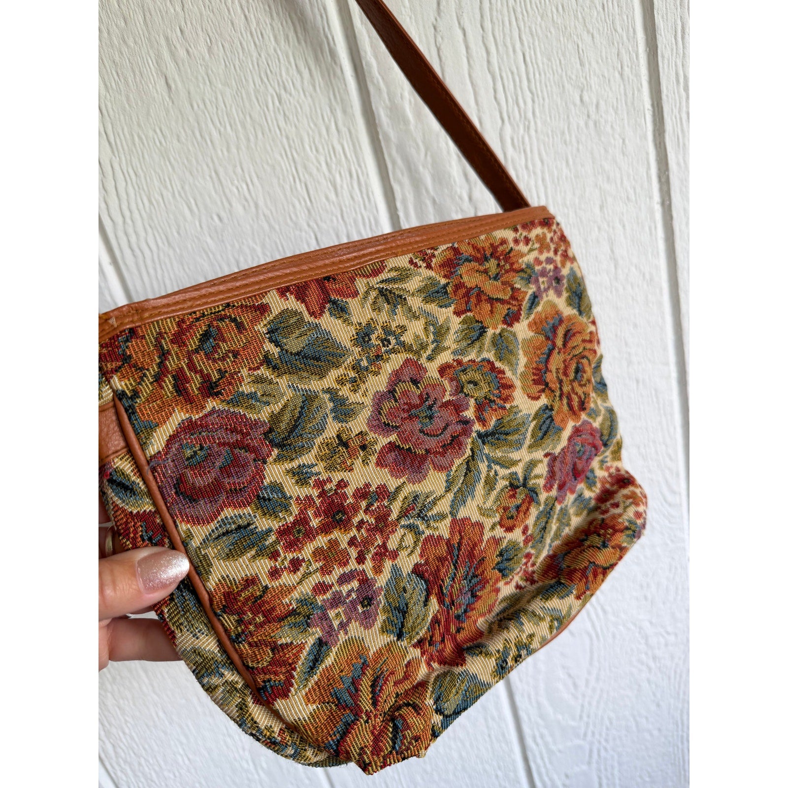 Vintage Floral Tapestry Crossbody Bag Leather Trim Boho Cottagecore Shoulder