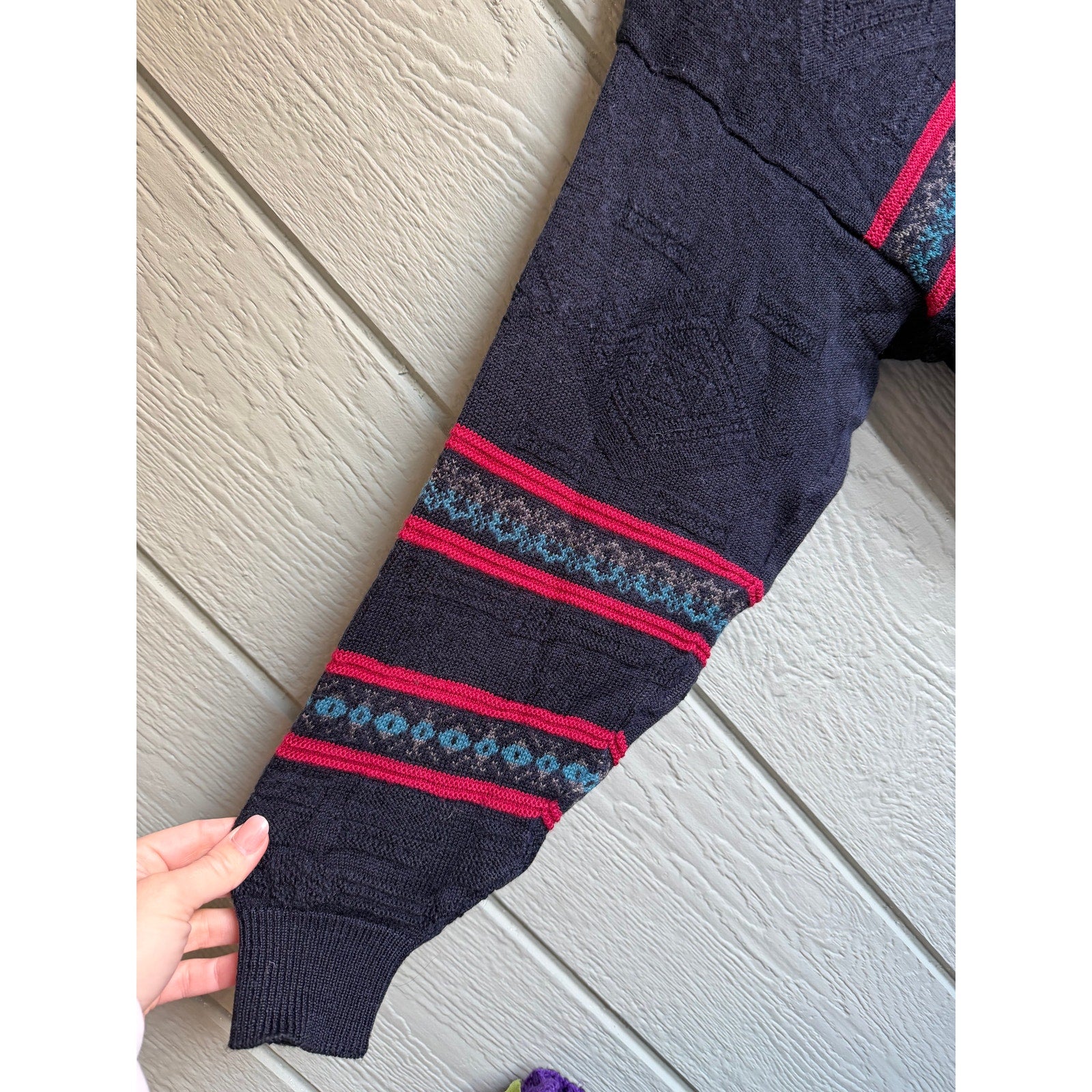 Vintage 90s Canda Knit Sweater Navy Red Teal Striped Textured Crewneck MD