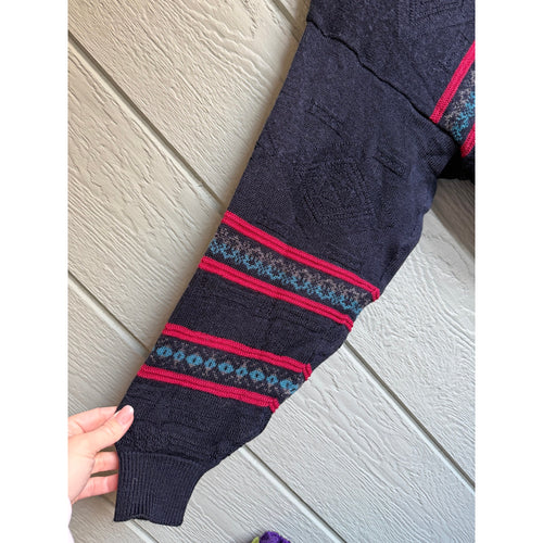 Vintage 90s Canda Knit Sweater Navy Red Teal Striped Textured Crewneck MD