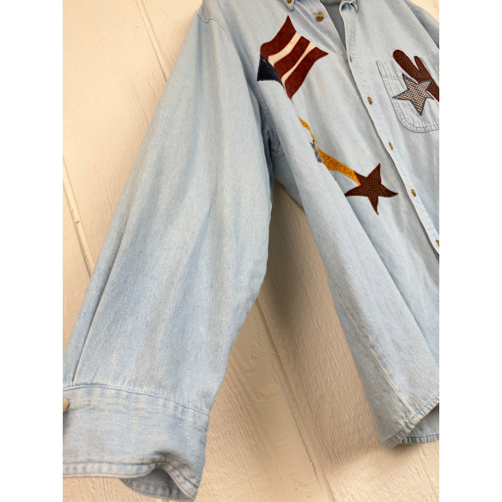 Vintage 90s Three Rivers 2000 Denim Shirt Patriotic Flag Star Applique XL