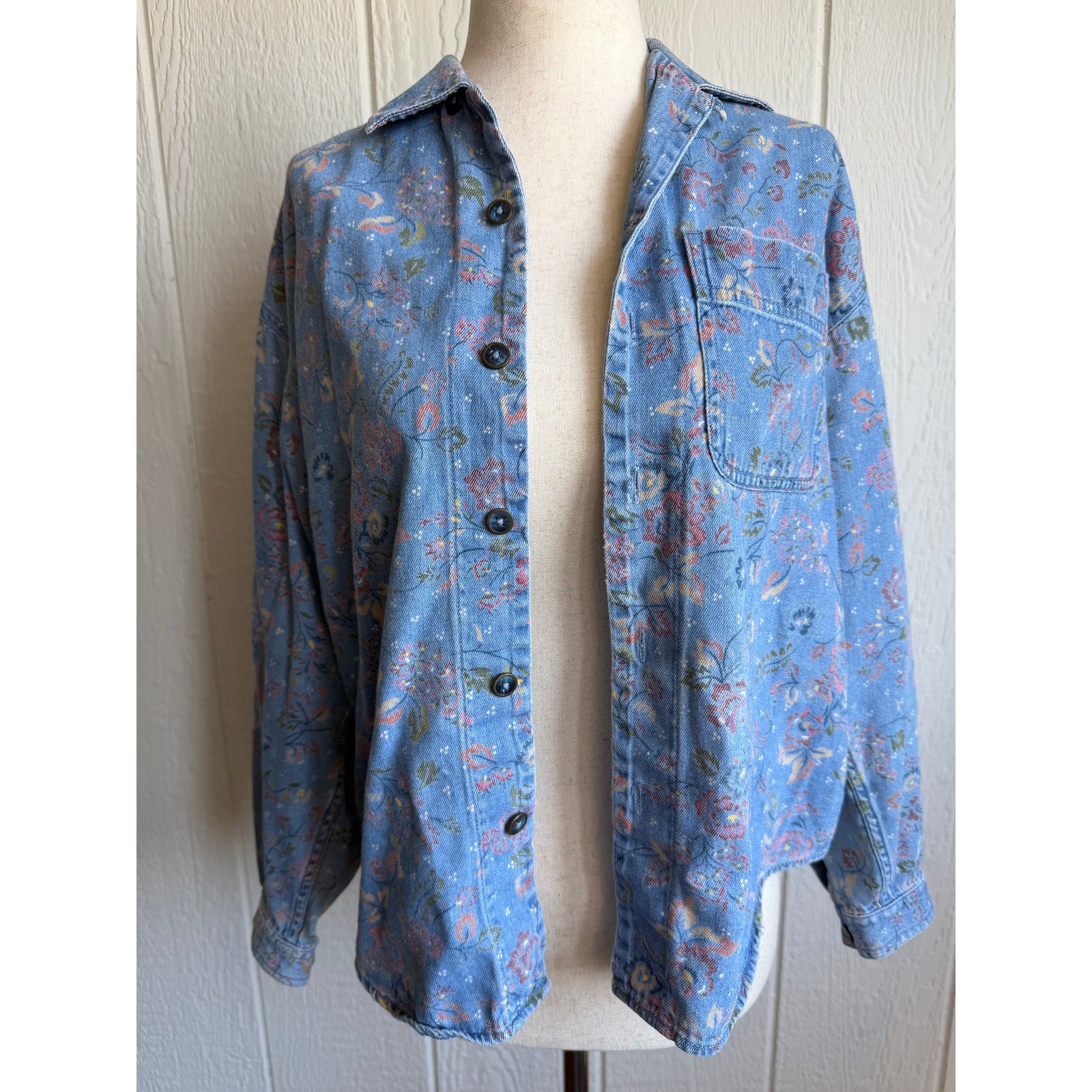 Vintage Floral Denim Jacket Women PL Button Front Cottagecore Blue