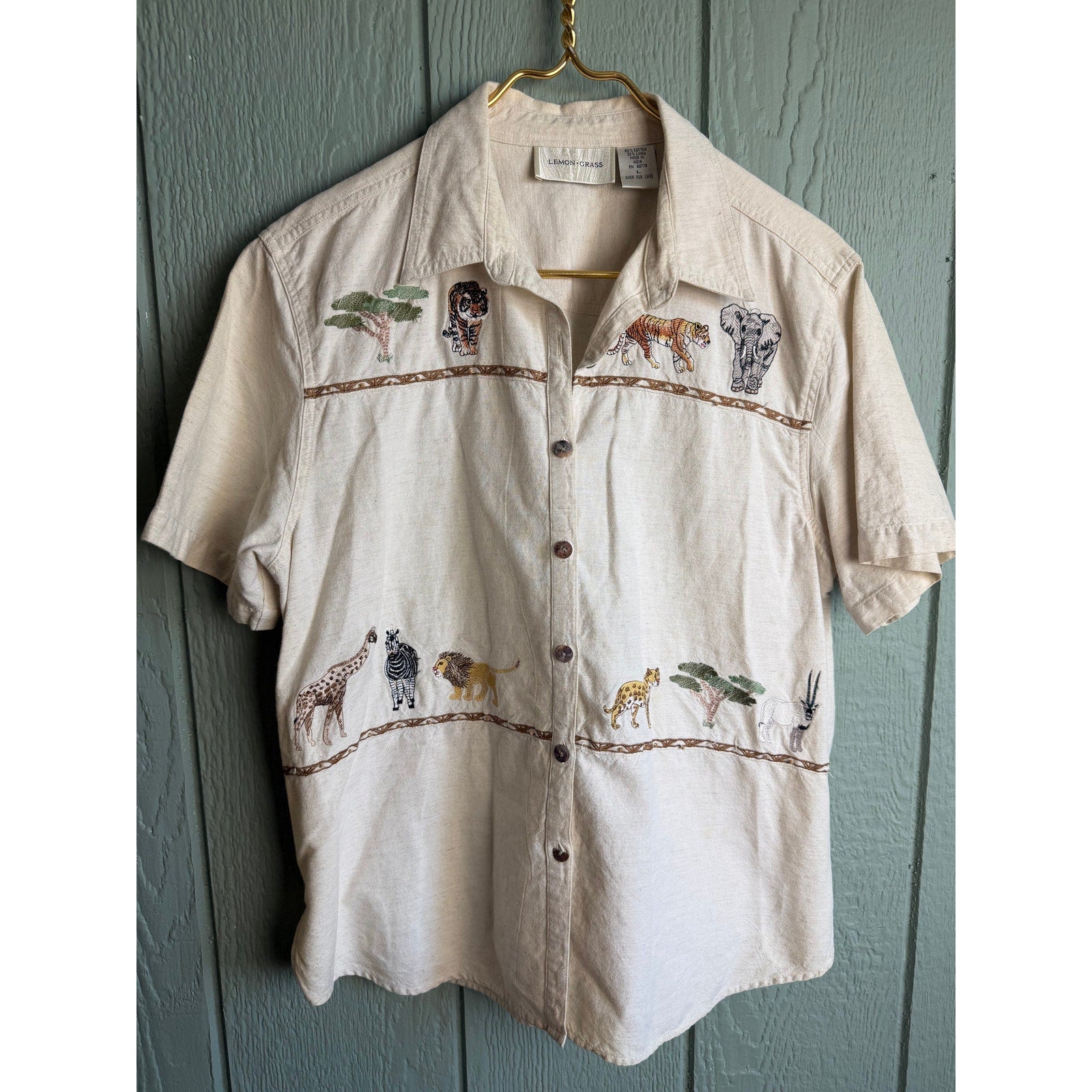Vintage Safari Animal Embroidered Shirt Women’s Large Linen Cotton Blend