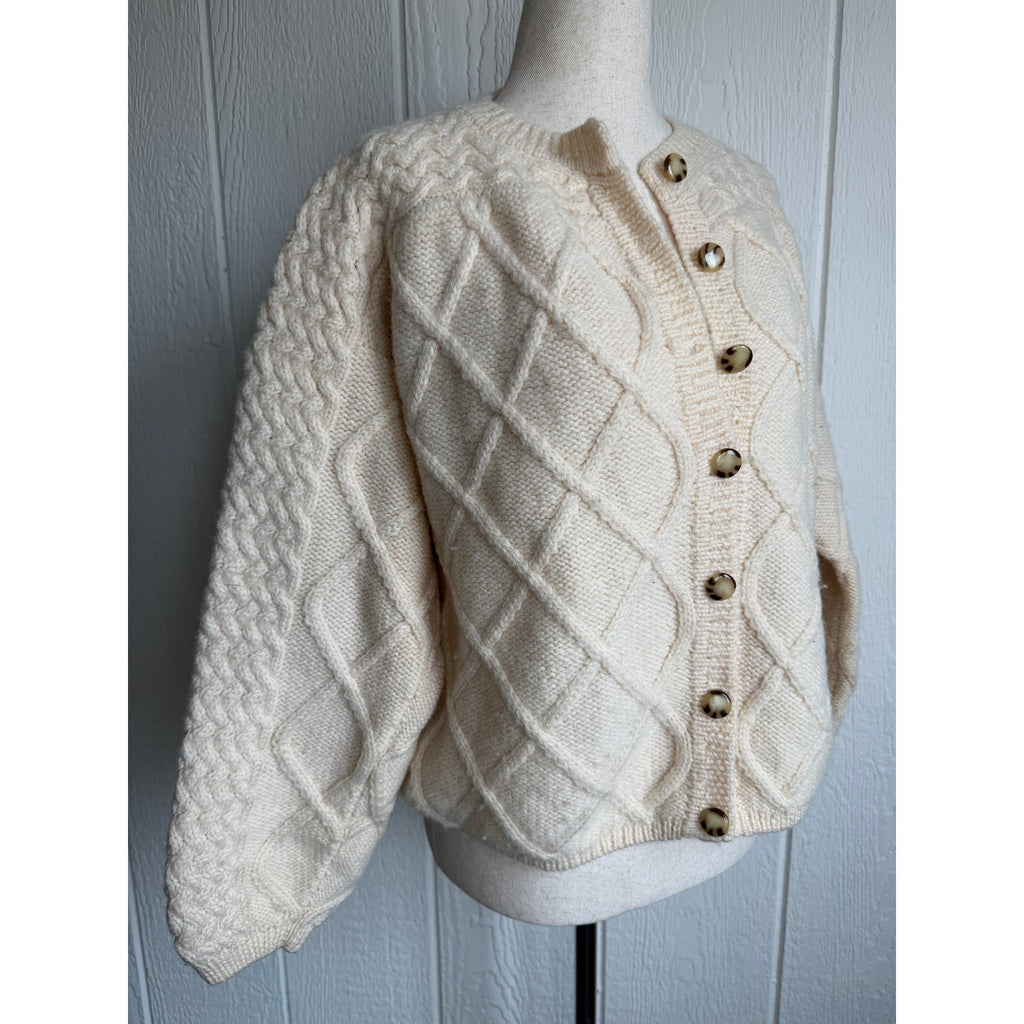 Vintage Irish Fisherman Cardigan Cable Knit Wool Sweater Ireland XL