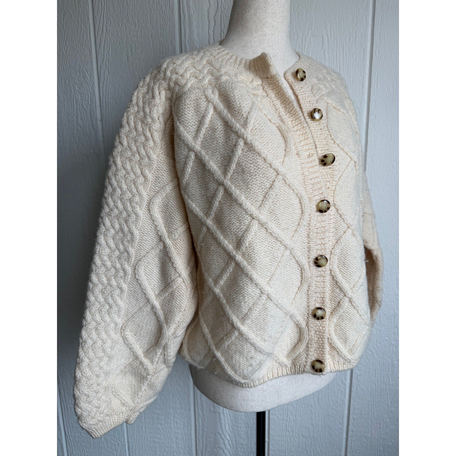 Vintage Irish Fisherman Cardigan Cable Knit Wool Sweater Ireland XL