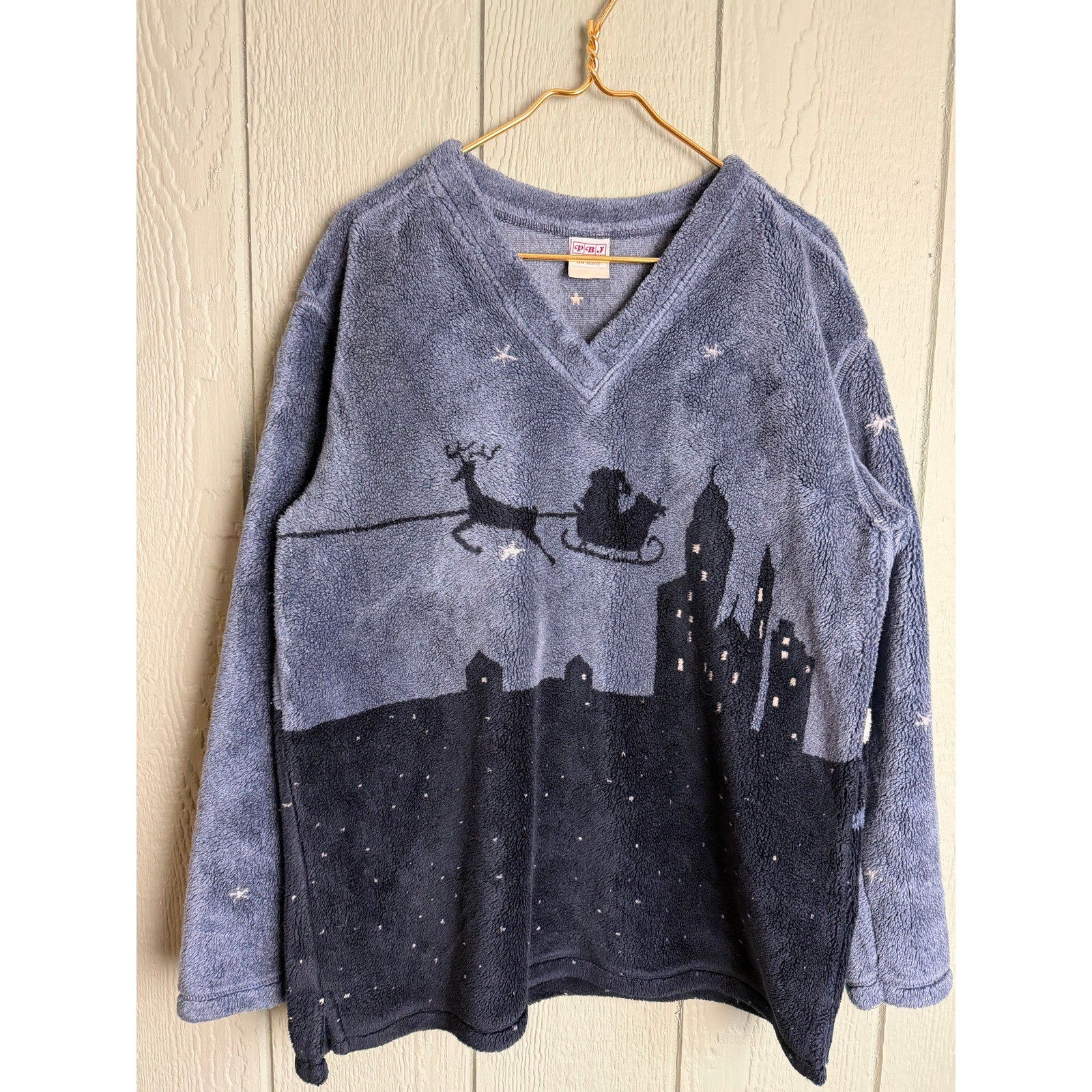 Vintage PBJ Sport Fleece Christmas Sweater Night Sky Scene Cozy V-Neck USA – M/L