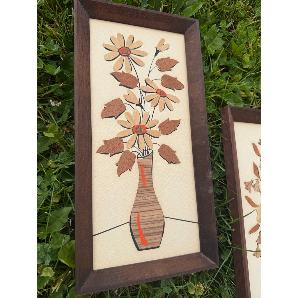 Vintage 1970s Handmade Wood Veneer Floral Wall Art Set Mid Century Folk Art Pair