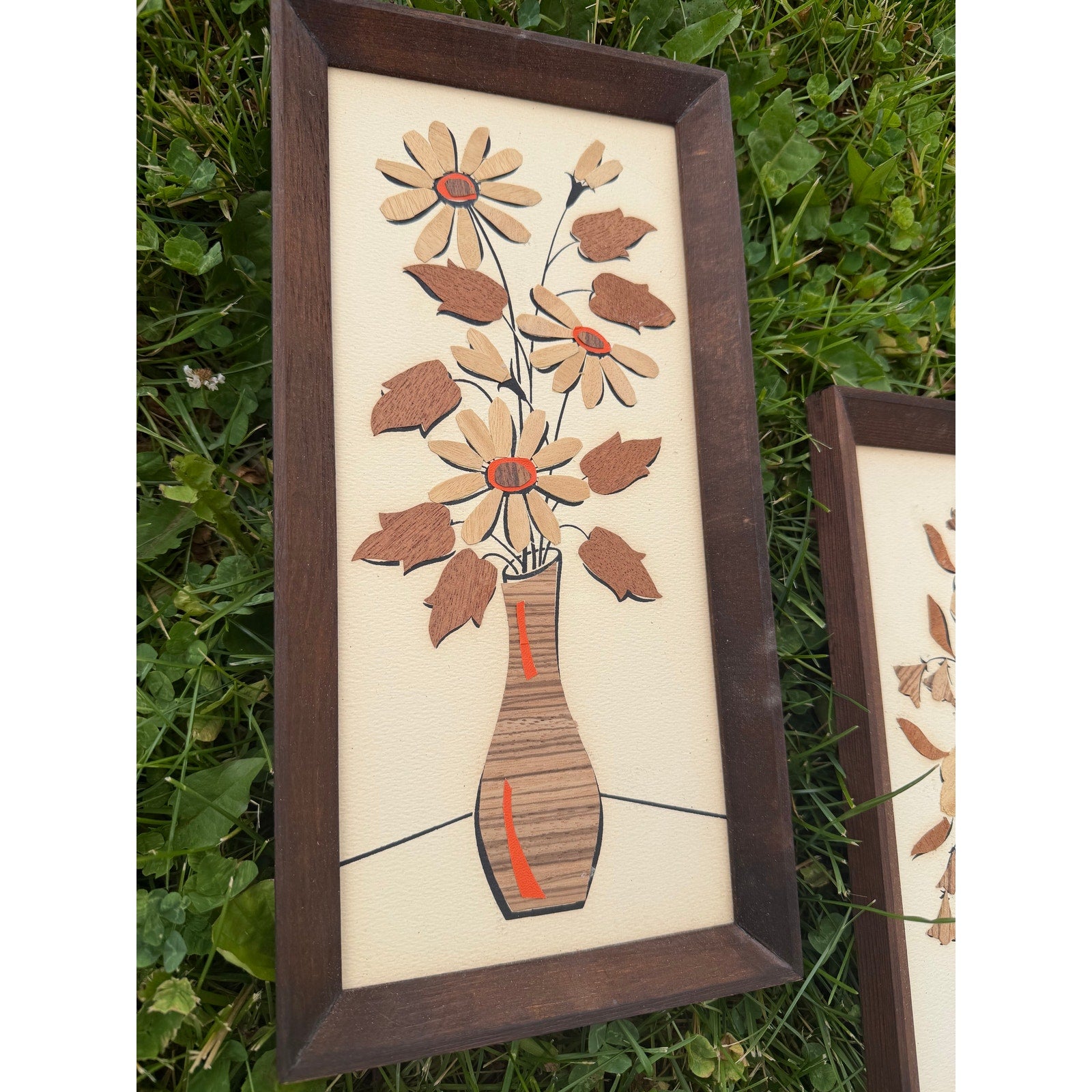 Vintage 1970s Handmade Wood Veneer Floral Wall Art Set Mid Century Folk Art Pair