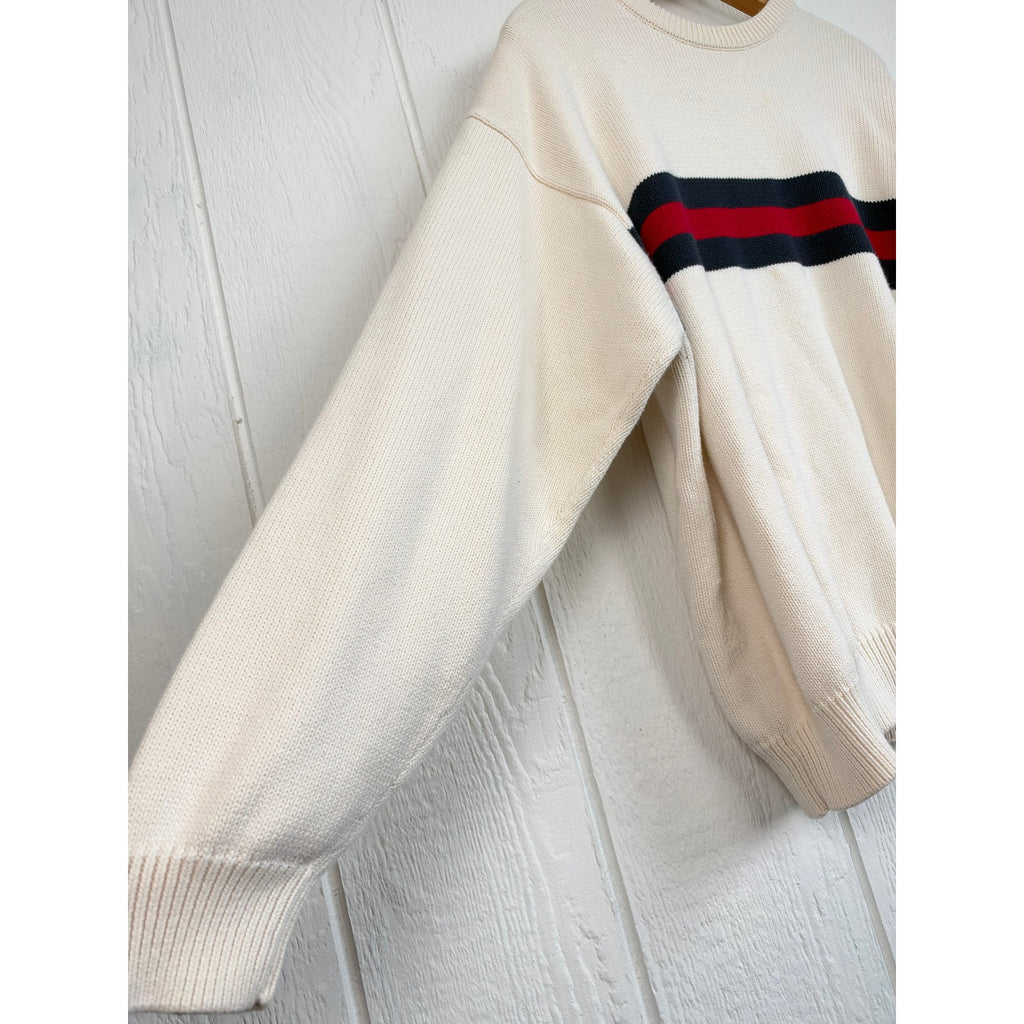 Vintage Croft & Barrow Cream Navy Red Stripe Cotton Knit Sweater Preppy 90s XL