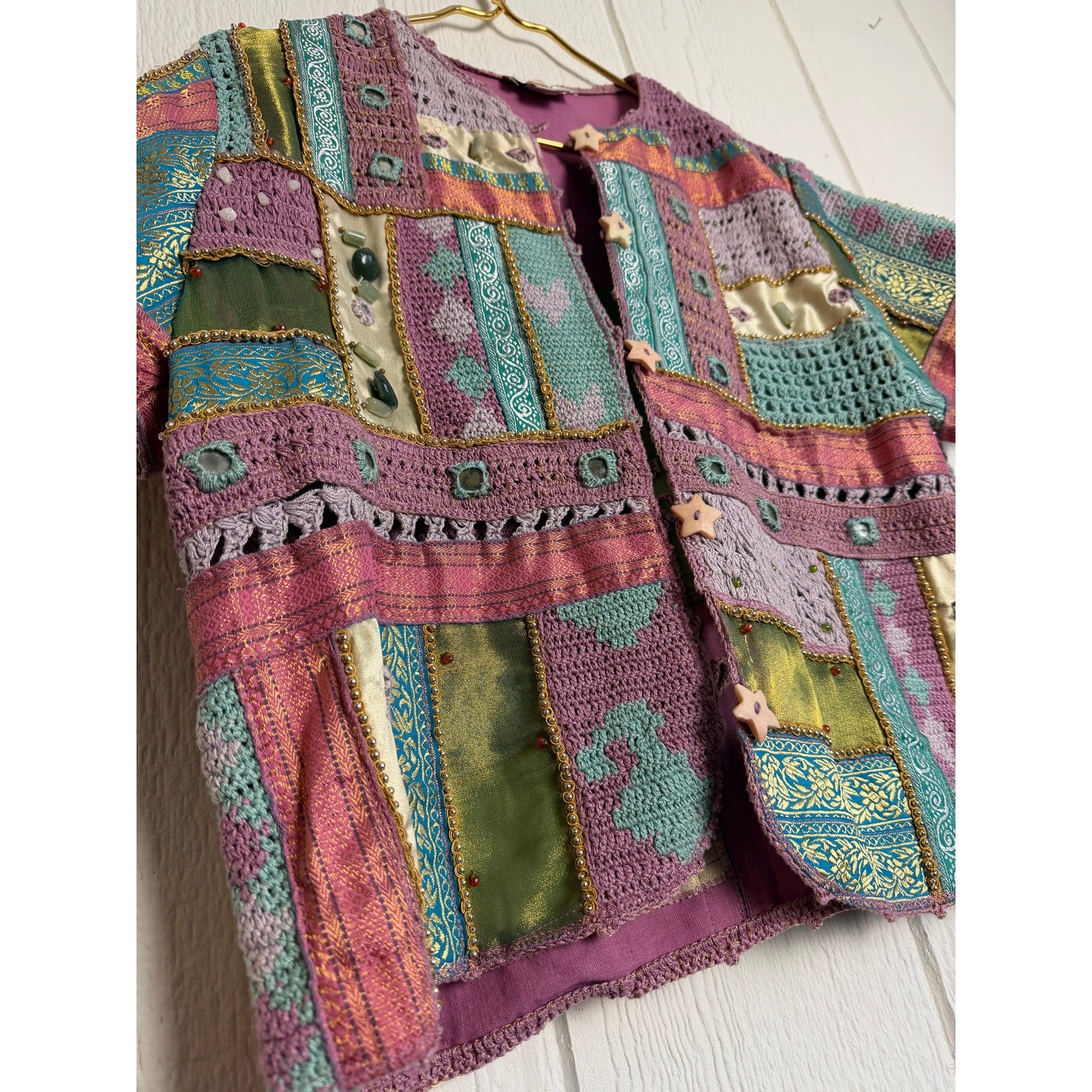 Vintage Sandy Starkman Patchwork Crochet Jacket Embellished Button Front Size M
