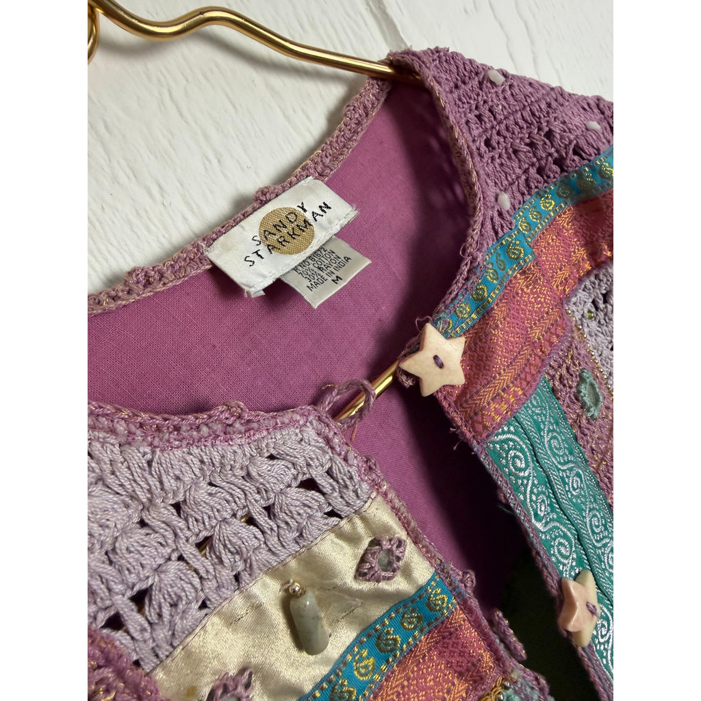 Vintage Sandy Starkman Patchwork Crochet Jacket Embellished Button Front Size M