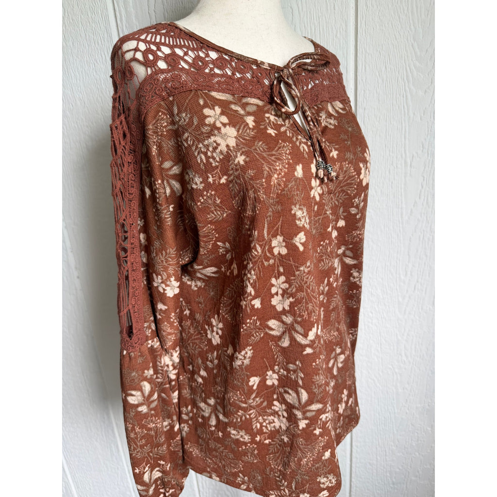 Y2K Boho Floral Peasant Top Medium Brown Crochet Lace Balloon Medium