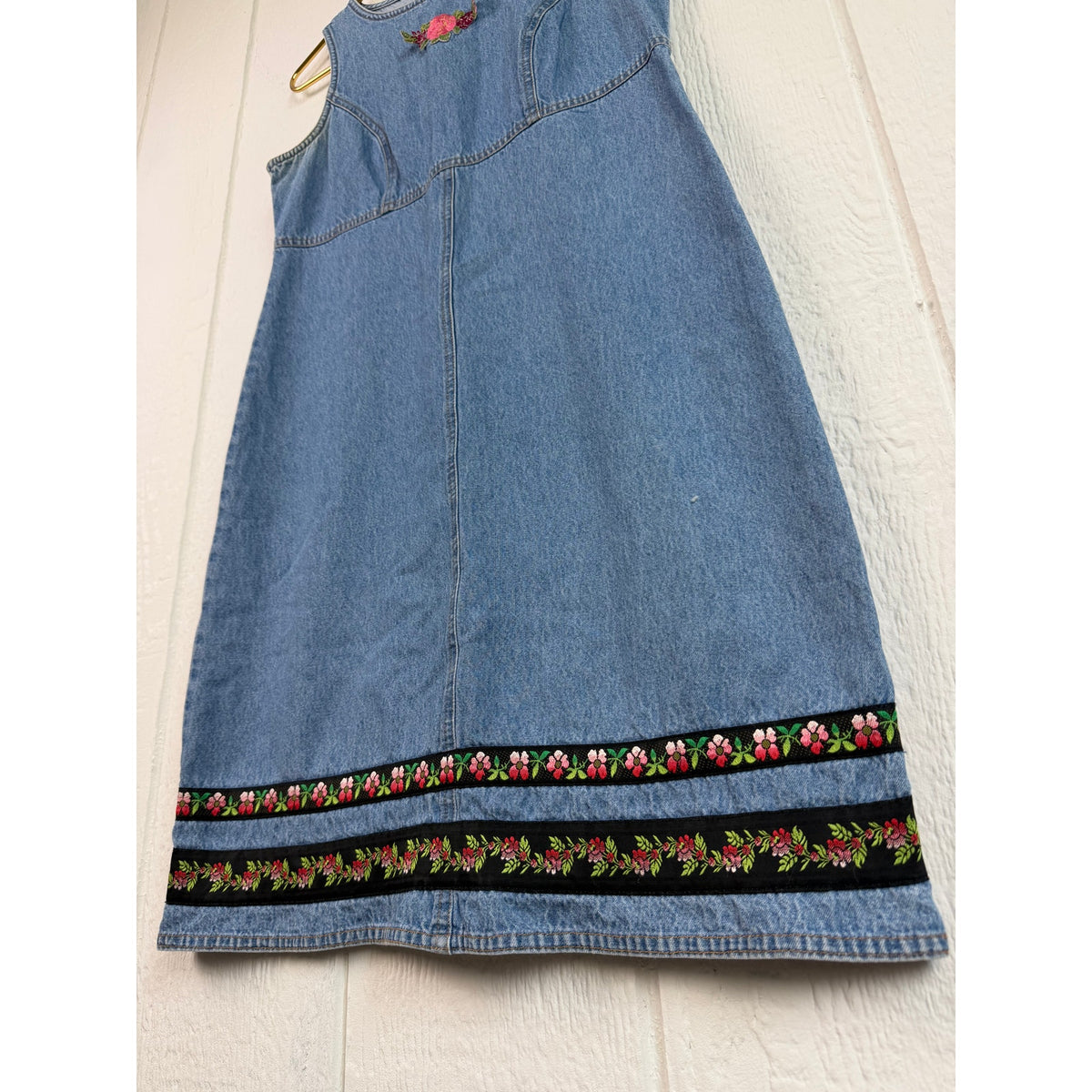 Vintage 90s Positive Attitude Denim Mini Dress Size 6 Floral Embroidered Y2K