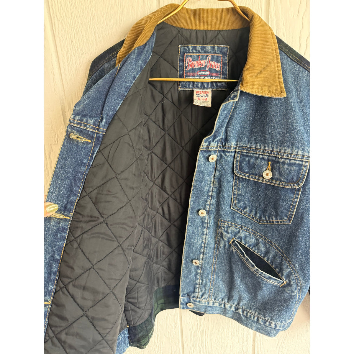 90s Breaker Jeans Denim Jacket Mens M Plaid Corduroy Barn Chore Quilted