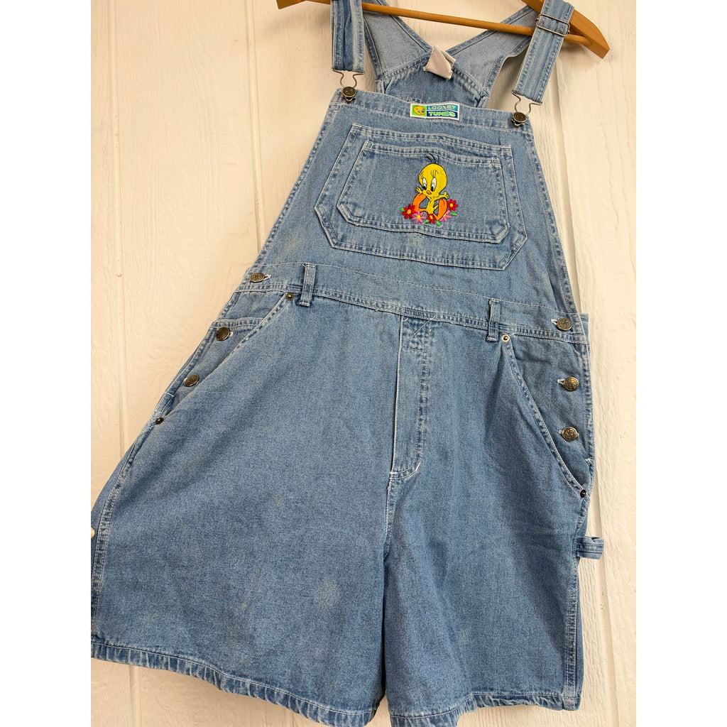 Vintage 90s Y2K Looney Tunes Tweety Bird Denim Shortalls Embroidered Large