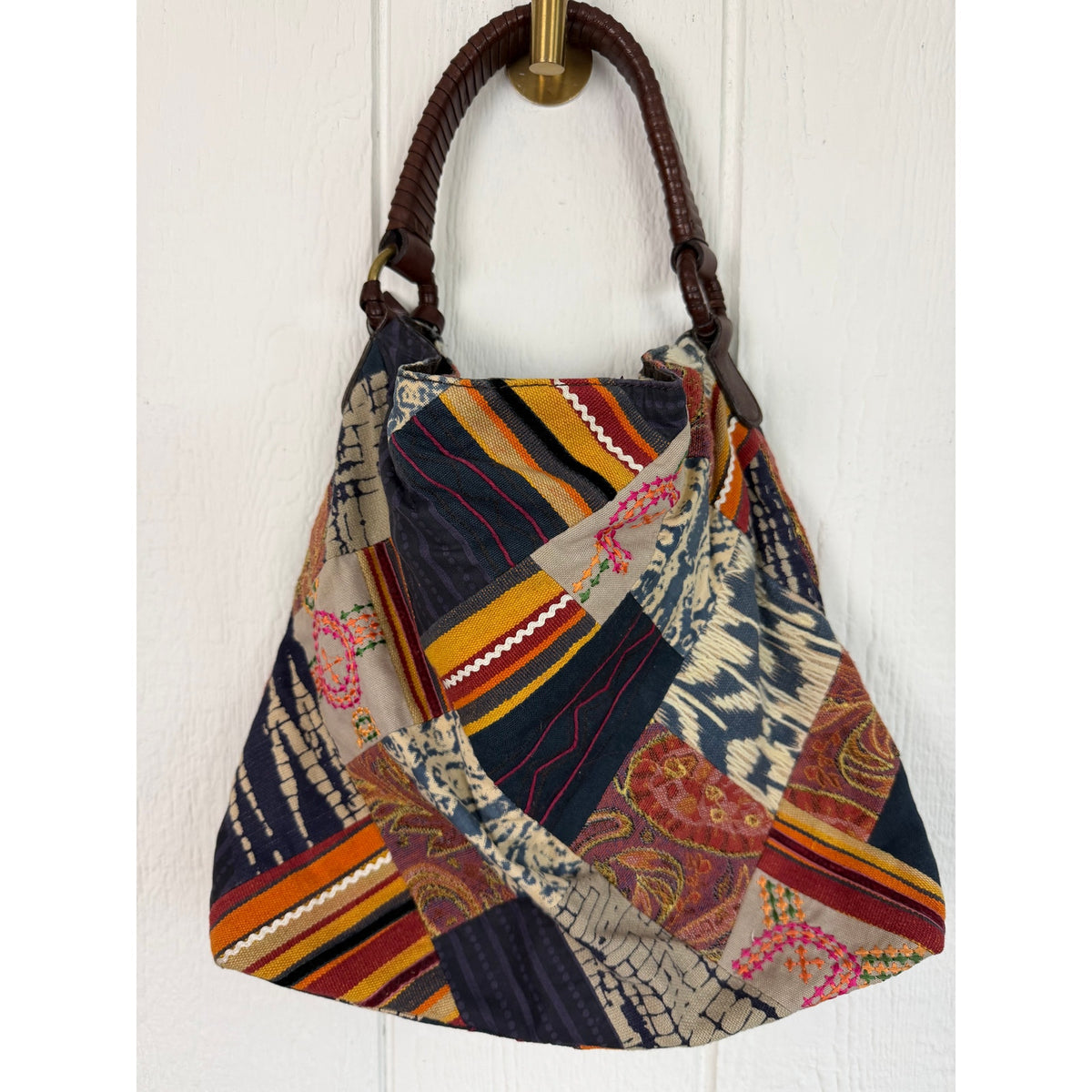 Y2K Lucky Brand Patchwork Shoulder Bag Boho Embroidered Textile Hobo Purse