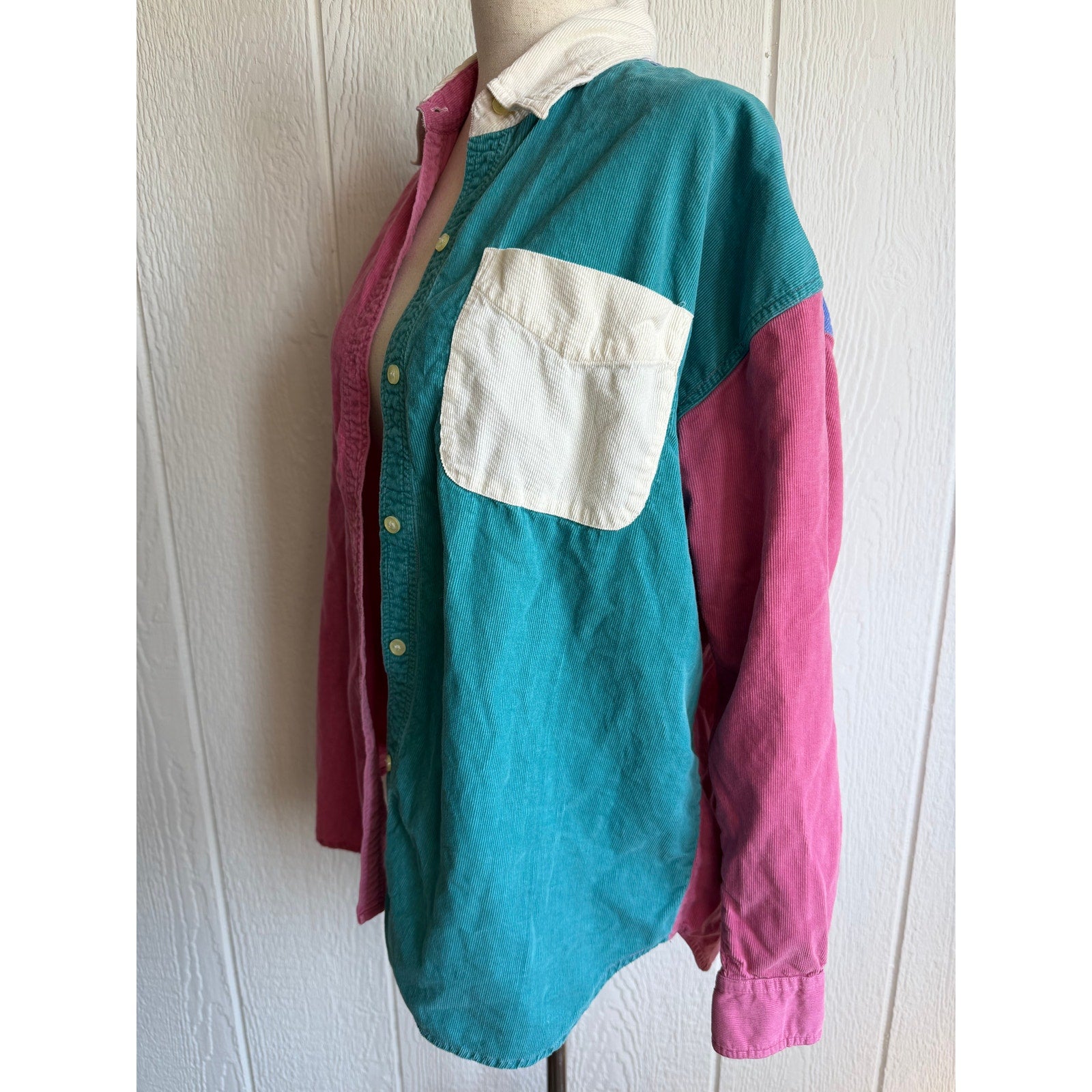 Vintage Colorblock Corduroy Button Down Shirt Pink Teal Retro 90s Medium