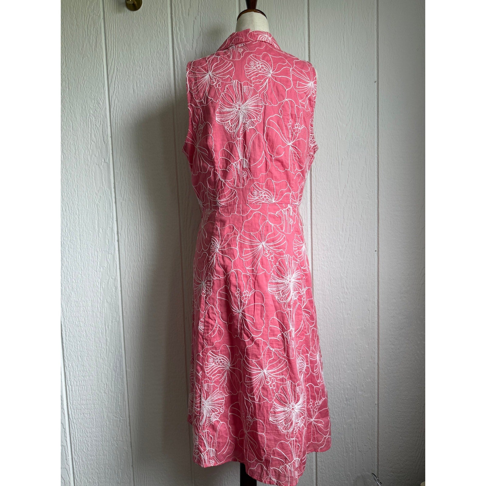 Vintage Liz & Co Pink Floral Embroidered Sleeveless Shirt Dress Size 10