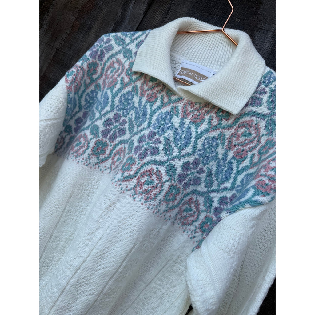 Vintage 80s Pastel Floral Knit Collared Sweater, Small