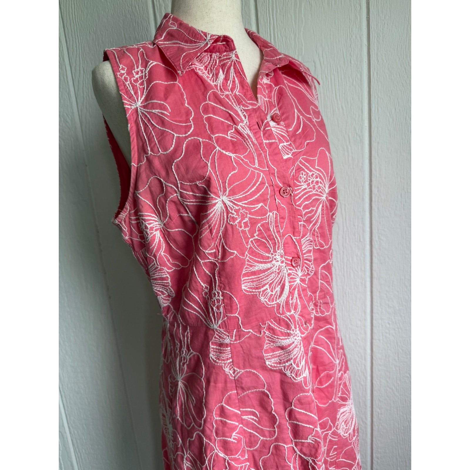 Vintage Liz & Co Pink Floral Embroidered Sleeveless Shirt Dress Size 10
