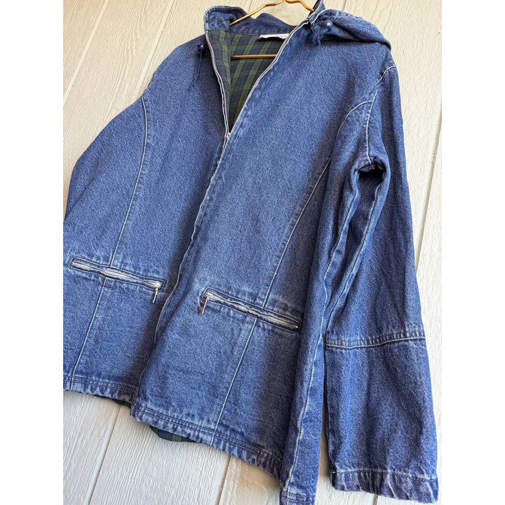 Vintage Denim Barn Jacket: Plaid Lined Fisherman's Jean Jacket XL