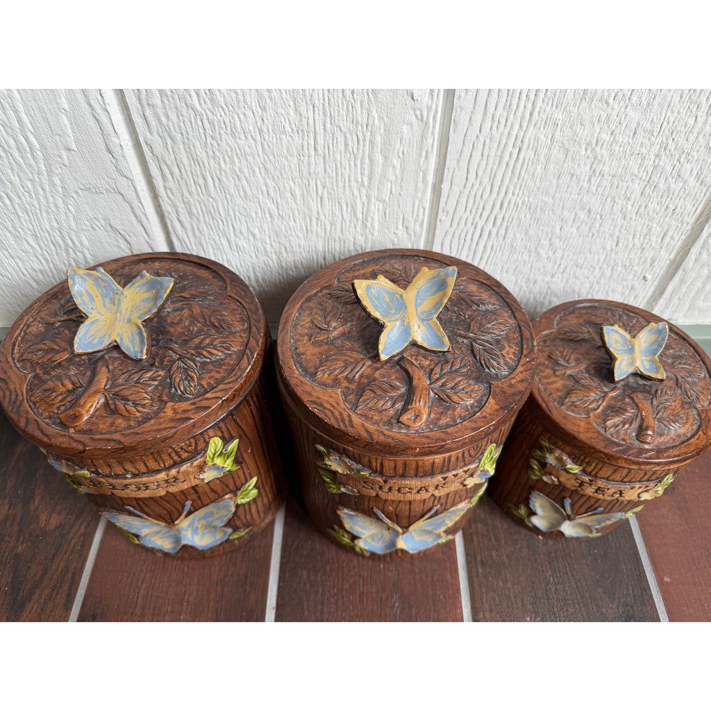 Vintage Mid-century Modern Boho "Treasure Craft" Butterfly Set Of 3 Canisters!