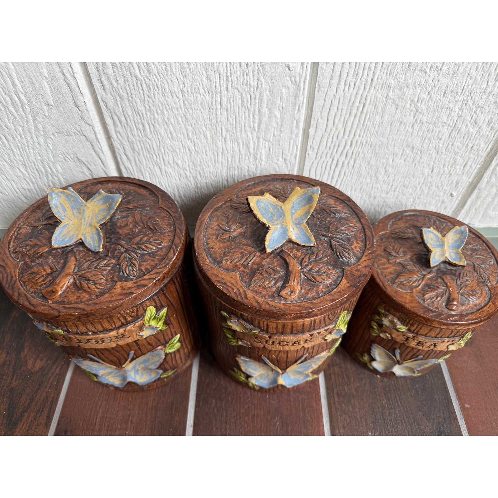 Vintage Mid-century Modern Boho "Treasure Craft" Butterfly Set Of 3 Canisters!