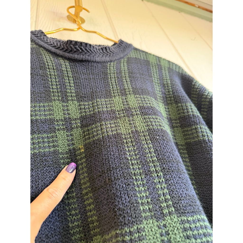 Vintage Woods & Navy Blue Green Plaid Cotton Sweater Size M 90s Grandpa Knit