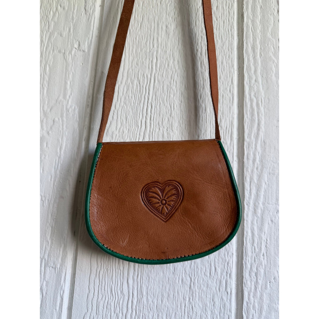 Vintage Tooled Leather Crossbody Purse Boho Folk Art Hand Painted Saddle Bag