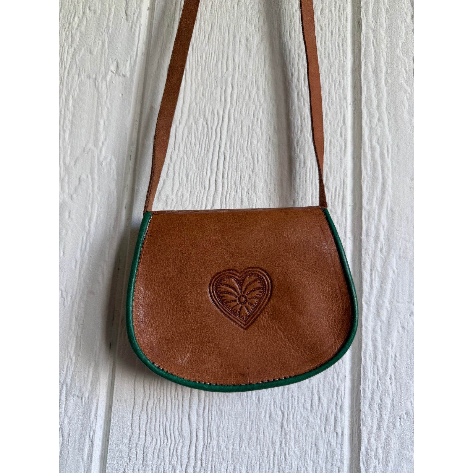 Vintage Tooled Leather Crossbody Purse Boho Folk Art Hand Painted Saddle Bag