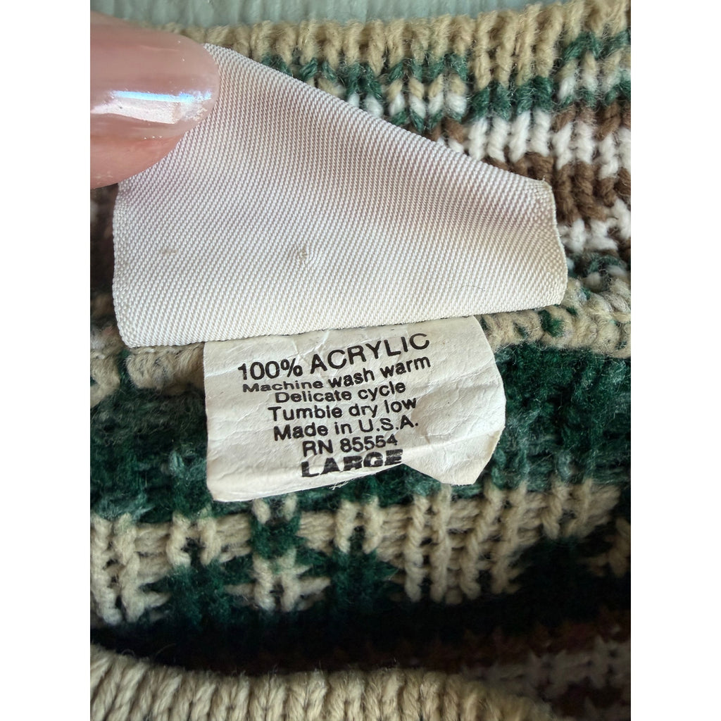 Vintage 90s Sweater Large | Green Brown Fair Isle Nordic Pattern USA Cottagecore