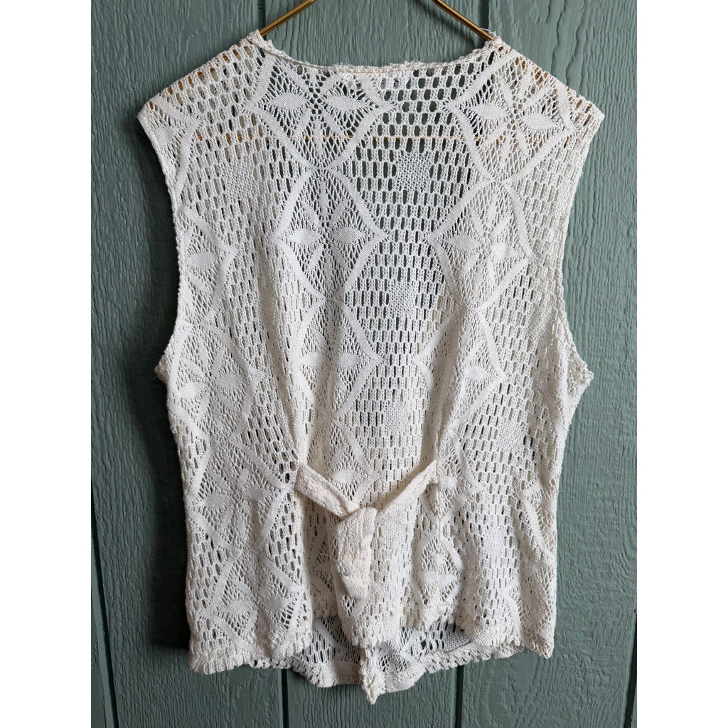 Vintage Express Crochet Knit Vest Cream Open Front Boho 90s USA