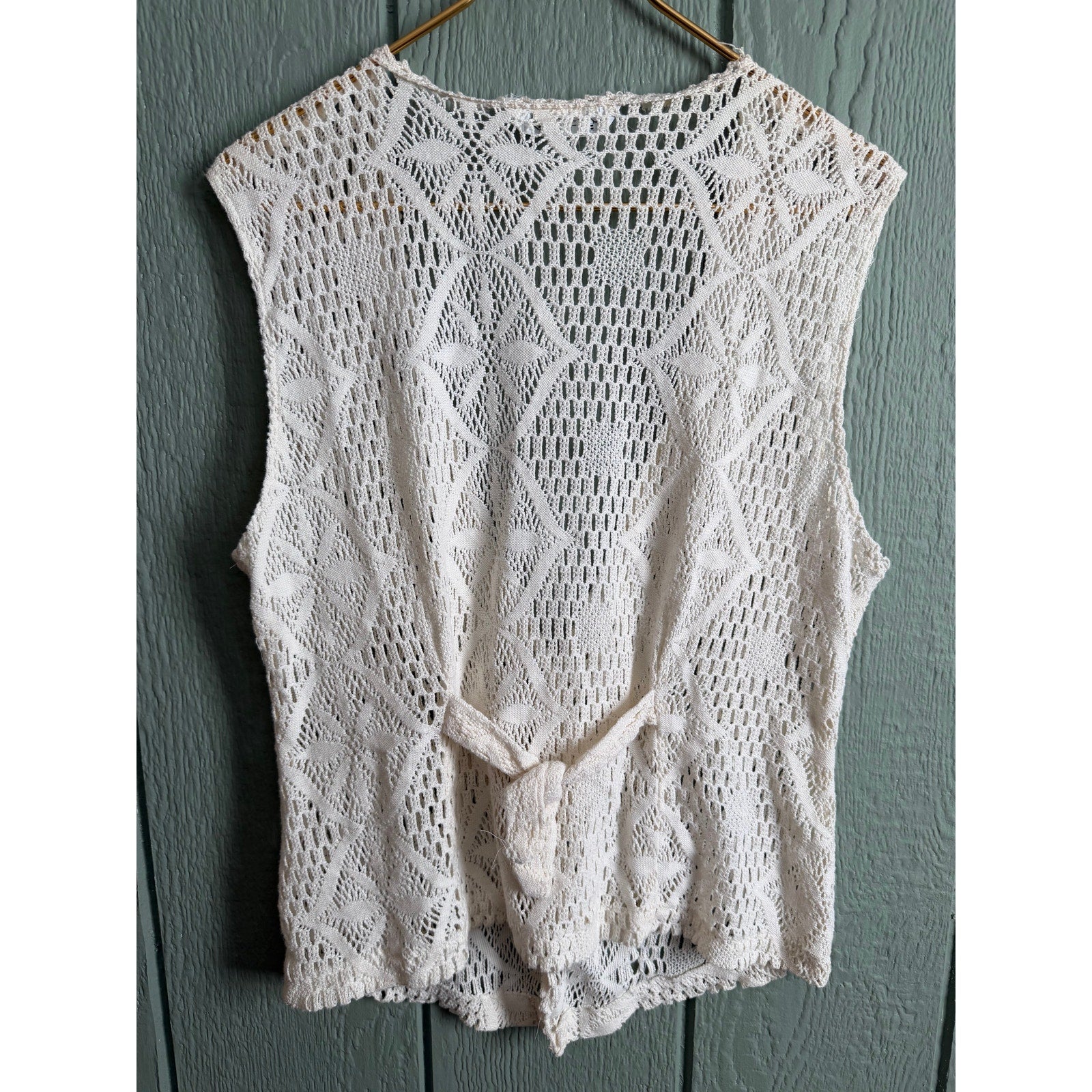 Vintage Express Crochet Knit Vest Cream Open Front Boho 90s USA
