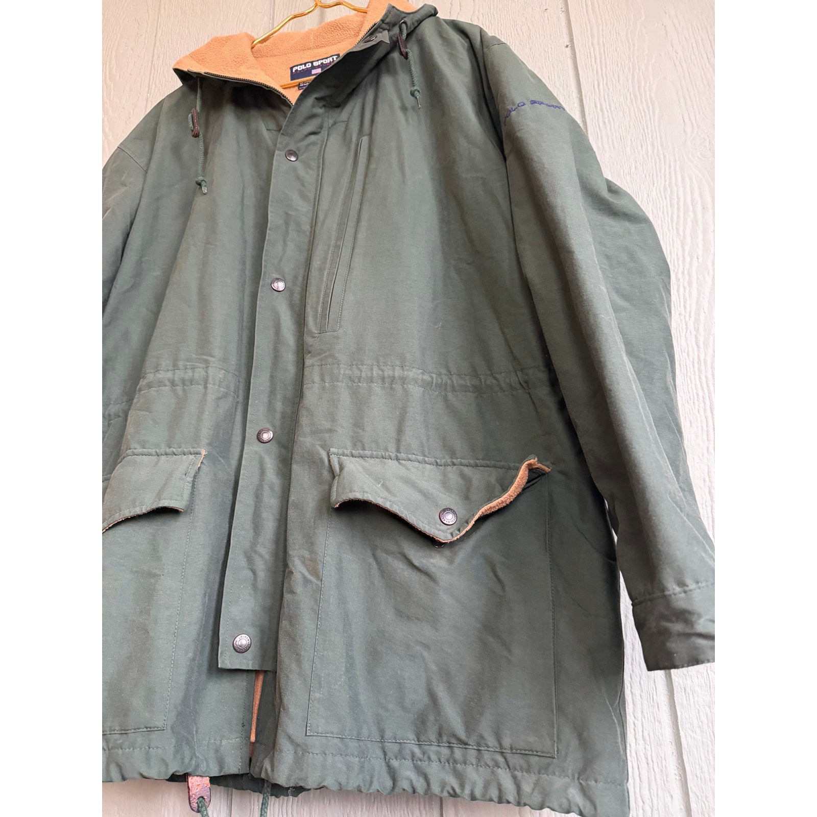 Vintage 90s Polo Sport Ralph Lauren Parka Jacket Green Tan Fleece Lined Men’s M