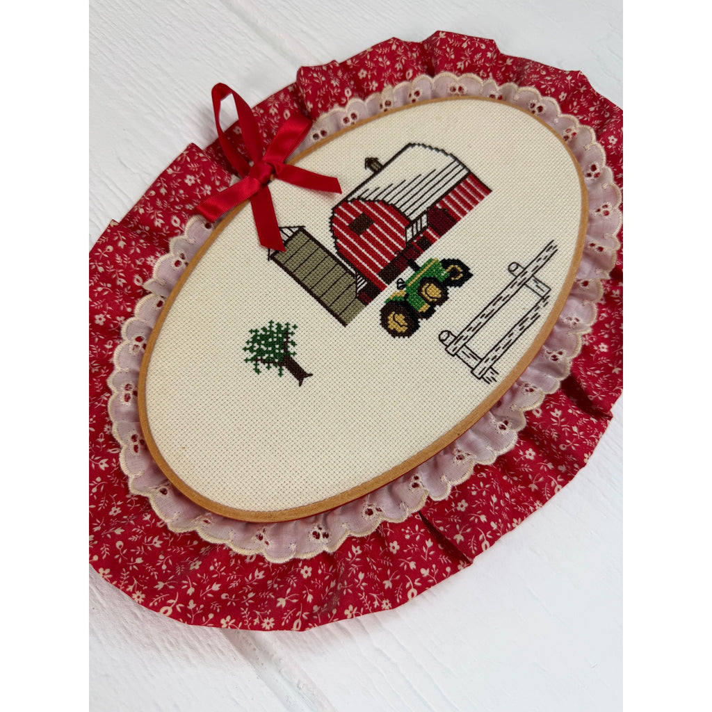Vintage Handmade Cross Stitch Farm Barn Tractor Wall Hanging Folk Art Cottage