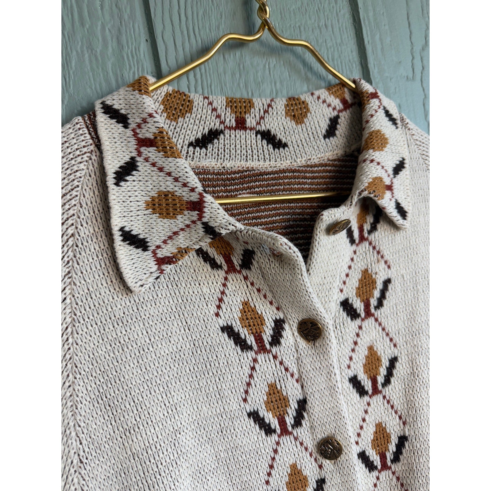 Vintage 90s Griffing Folk Art Cardigan Sweater Cape Cream Beige Button Front