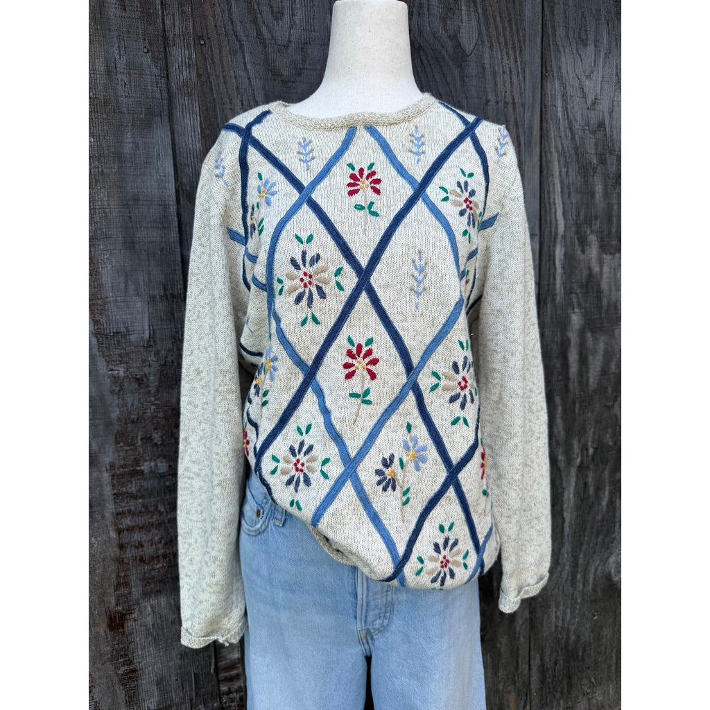 Vintage Embroidered Floral Trellis Knit Sweater, Small