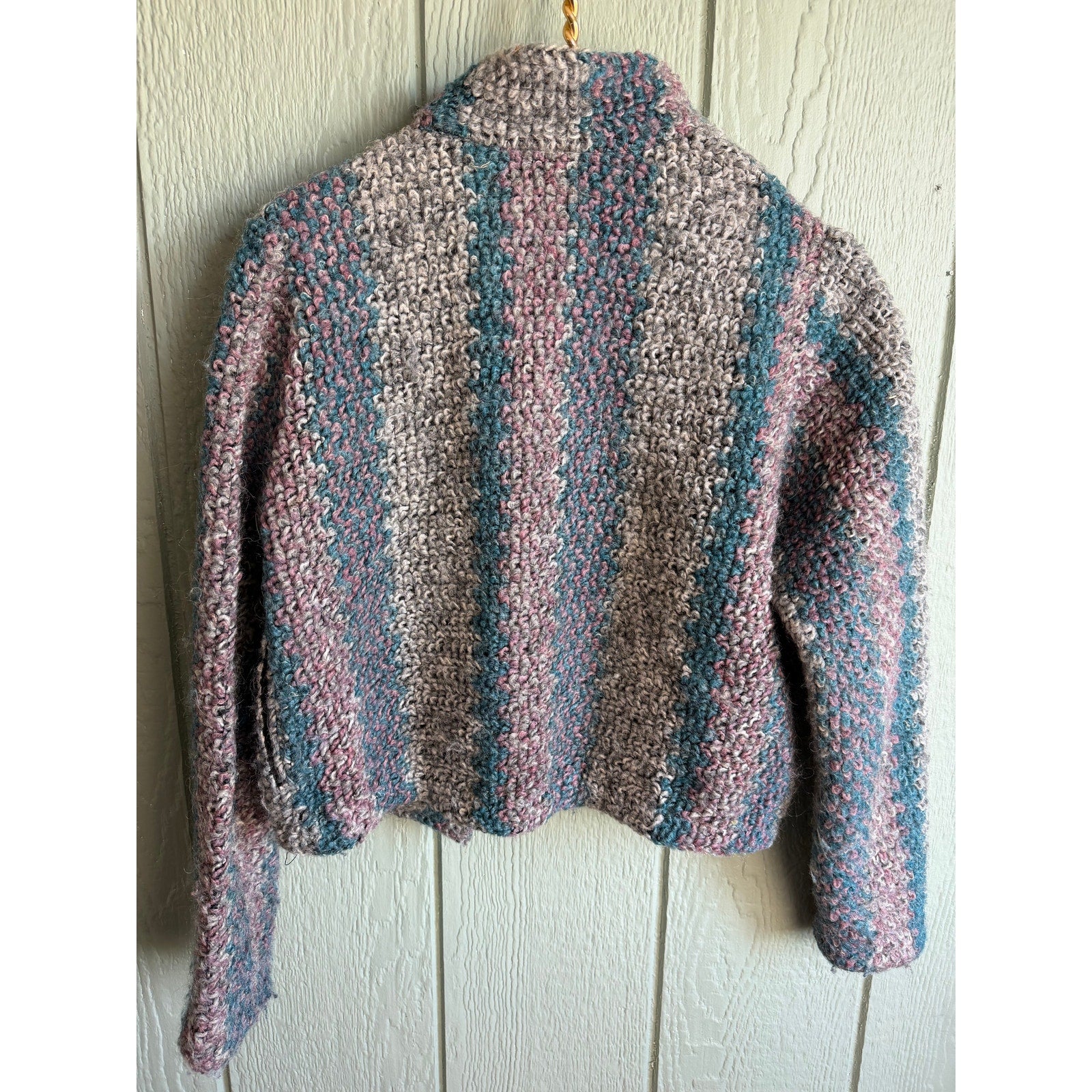 Vintage Chunky Knit Cropped Cardigan Jacket Pastel Stripe Sweater Medium Mohair