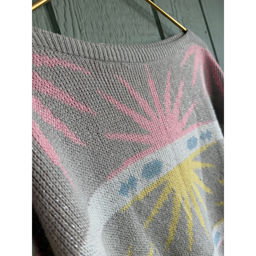 Vintage 80s Pastel Sunburst Knit Sweater | Oversized Sparkle Thread, Medium