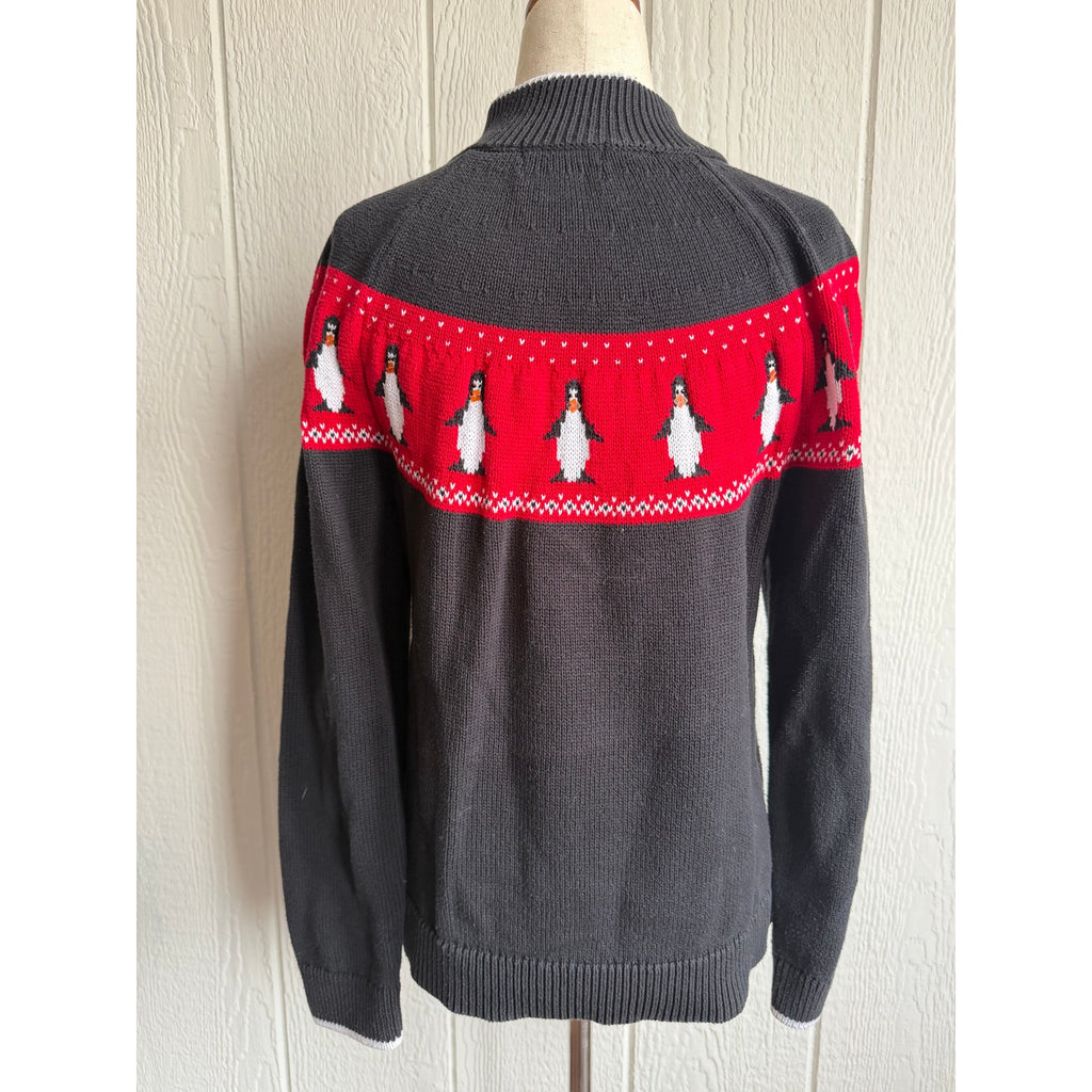 Vintage Hand Embroidered Penguin Sweater Women’s Medium Red Black 1/4 Zip